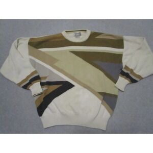 Tosani Sweater Mens Large‎ Beige Geometric Abstract Knit Made in Canada Cotton
